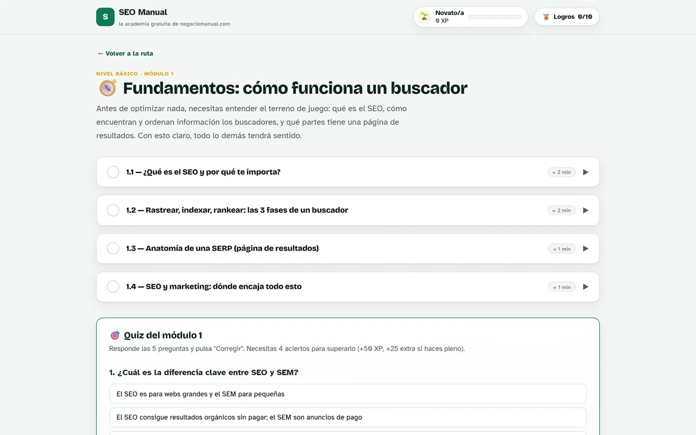 Módulo 1 de SEO Manual: lecciones y quiz, en escritorio
